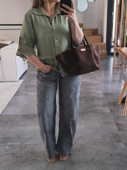 CHEMISE BRODÉE MANCHES 3/4 VERT OLIVE