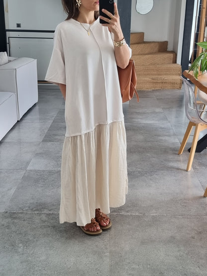 ROBE BI-MATIERE OVERSIZE MANCHES 3/4 BEIGE