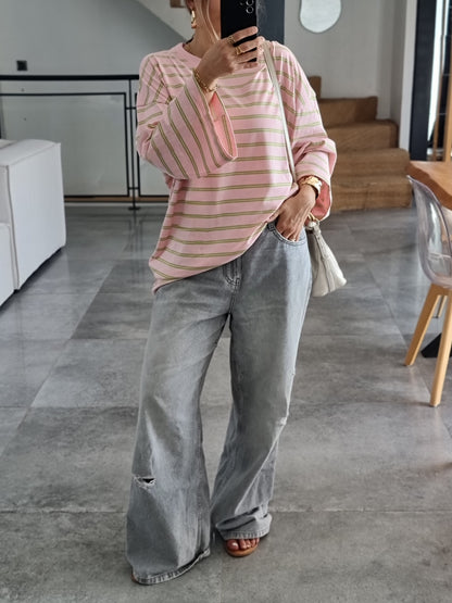 T-SHIRT OVERSIZE MANCHES LONGUES RAYÉ ROSE