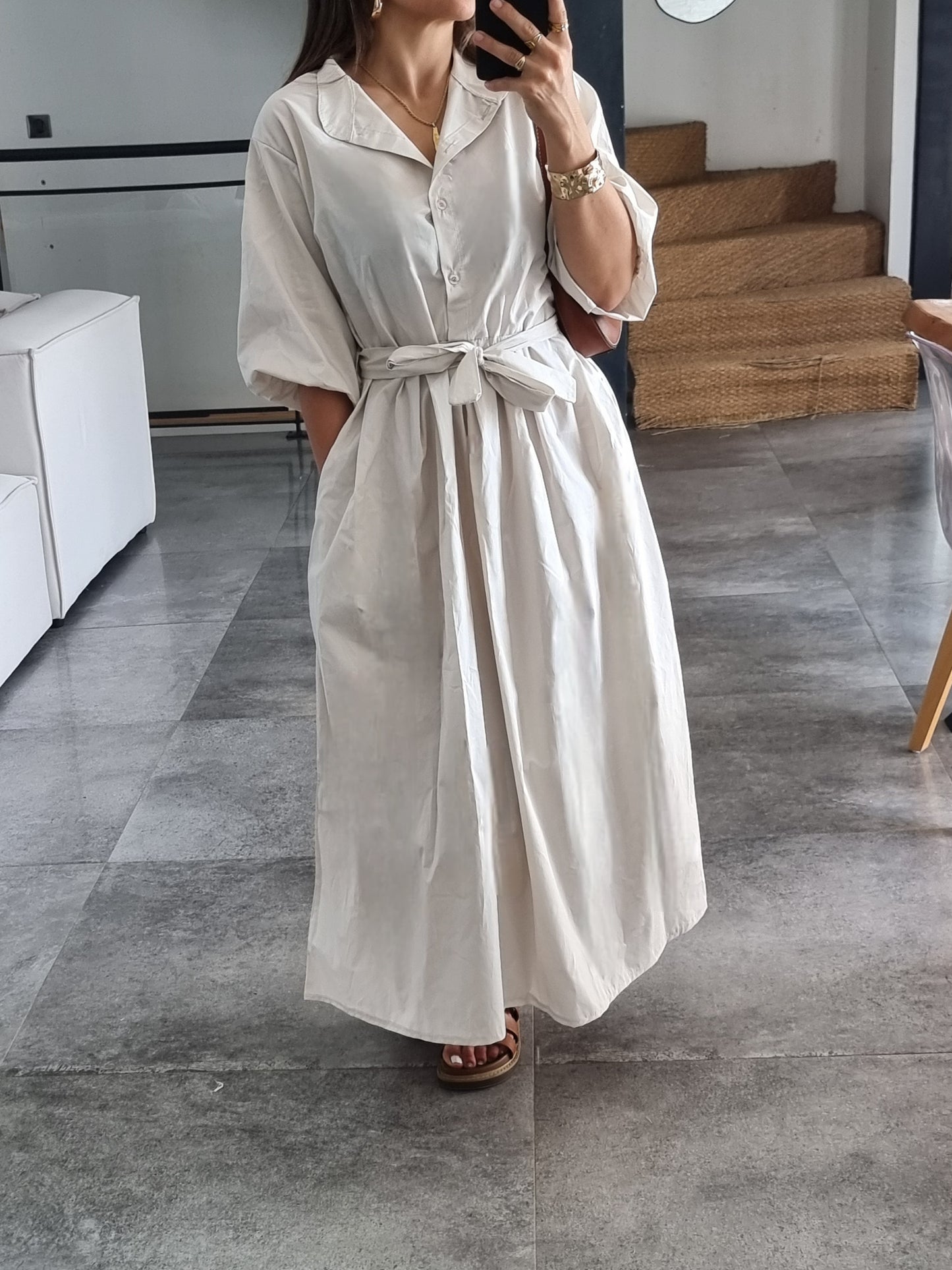 ROBE PATINEUSE MANCHES BOUFFANTES 3/4 BEIGE