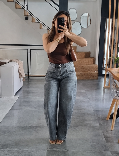 JEAN BARREL TAILLE HAUTE GRIS
