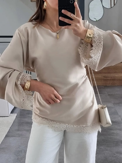 BLOUSE SATINÉE DENTELLE ASYMÉTRIQUE BEIGE