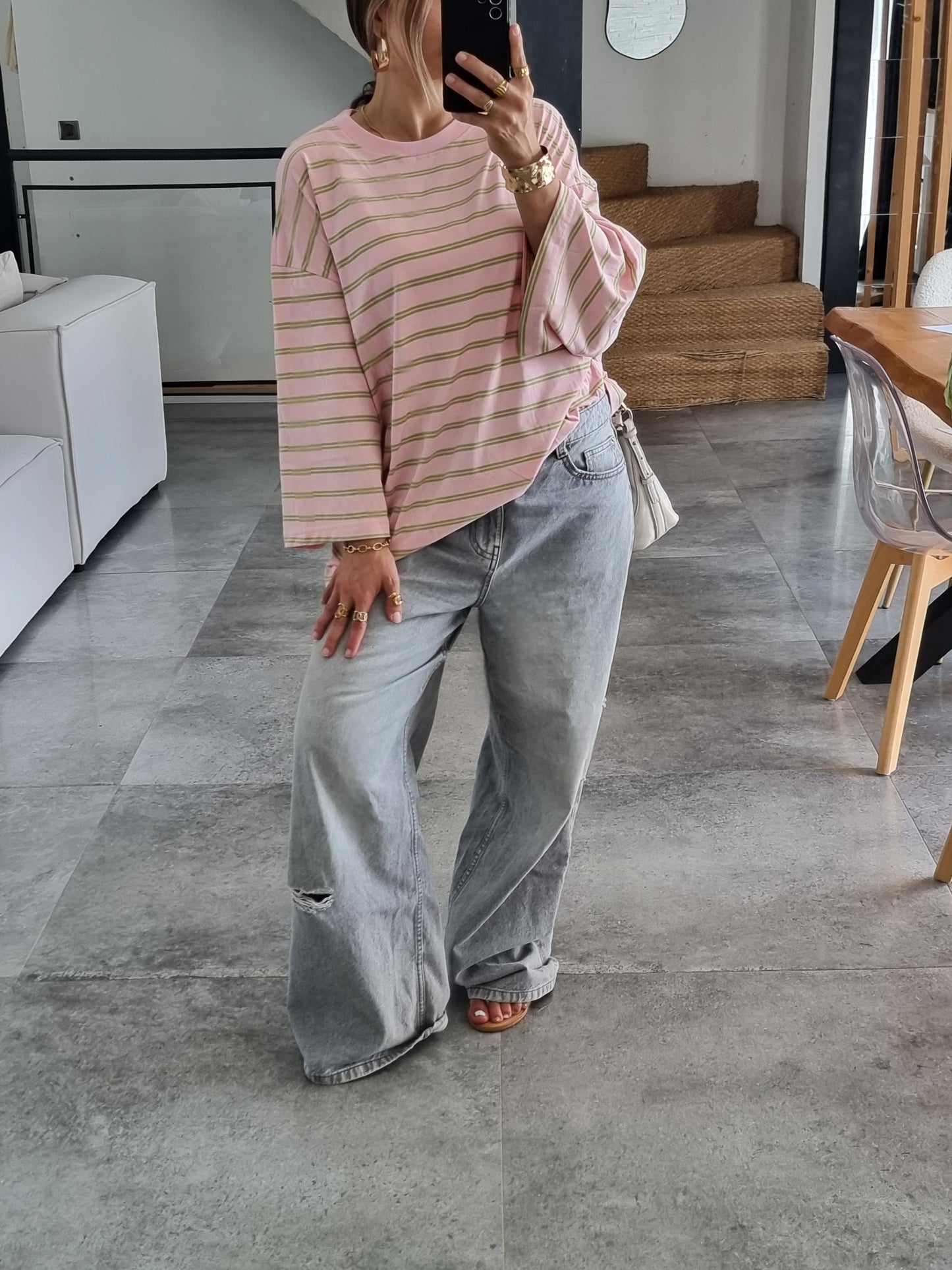 T-SHIRT OVERSIZE MANCHES LONGUES RAYÉ ROSE