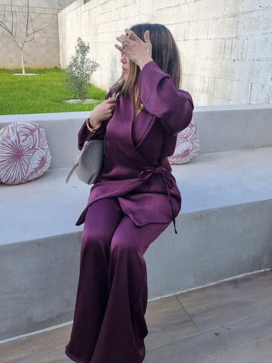 ENSEMBLE TOP CACHE-COEUR SATINÉ BURGUNDY