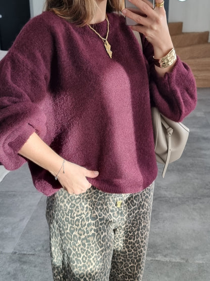 PULL LAINE COL ROND BURGUNDY