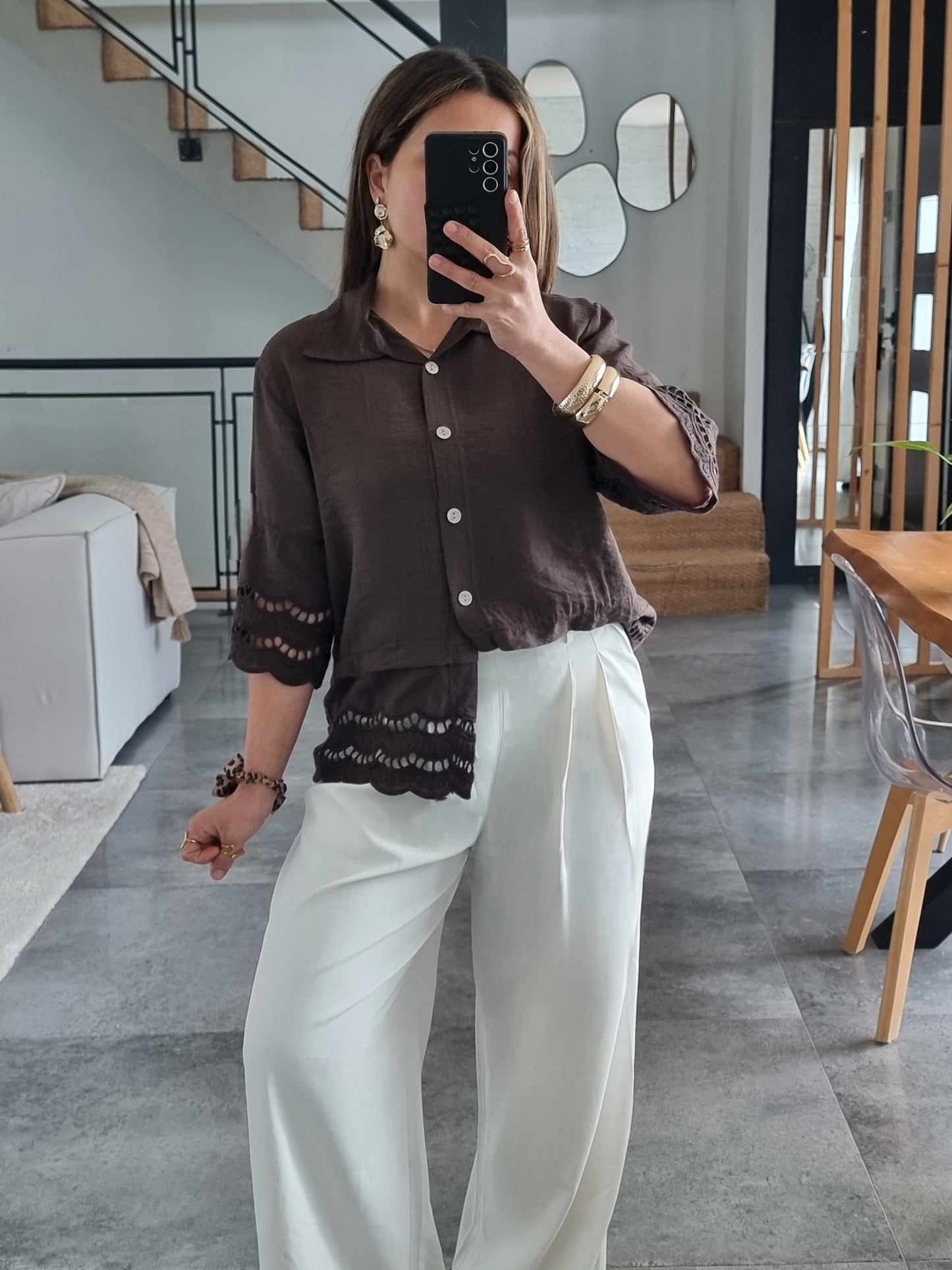 CHEMISE BRODEE MANCHES 3/4 JAUNE