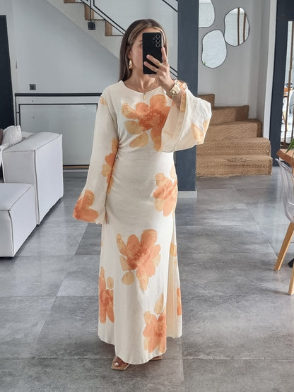 ROBE FLEURIE ORANGE EFFET LIN
