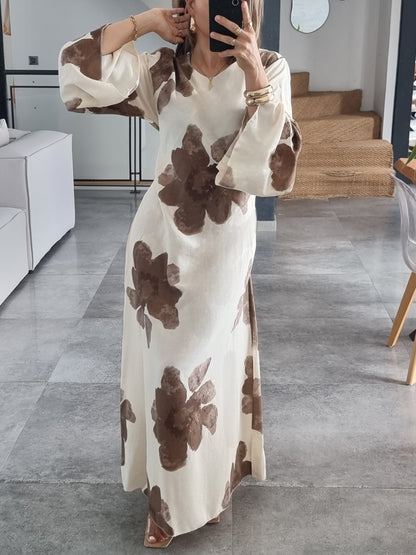 ROBE FLEURIE MARRON EFFET LIN