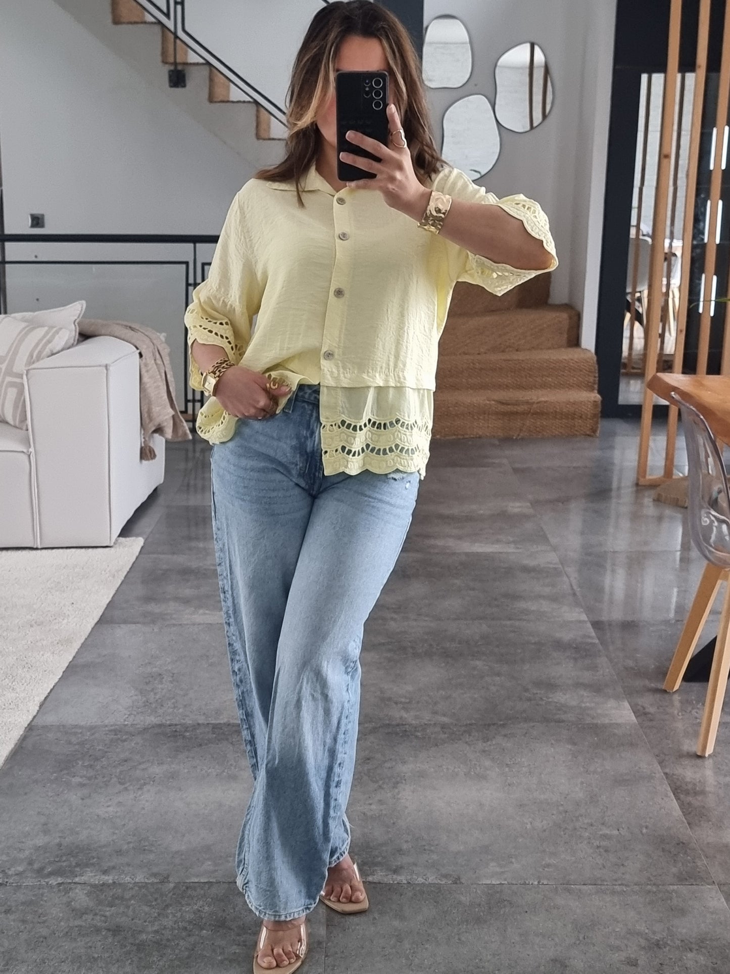 CHEMISE BRODEE MANCHES 3/4 JAUNE