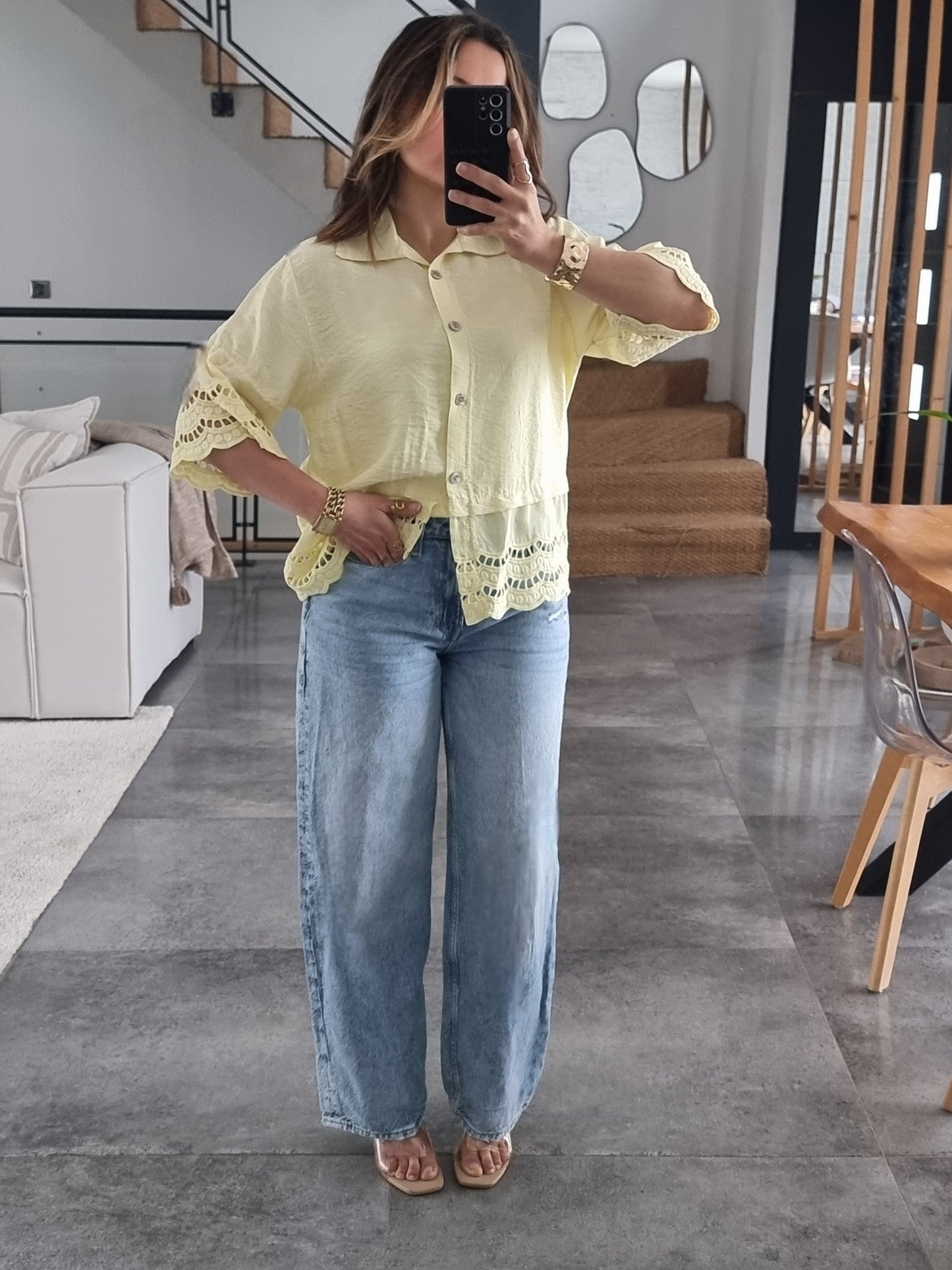 CHEMISE BRODEE MANCHES 3/4 JAUNE