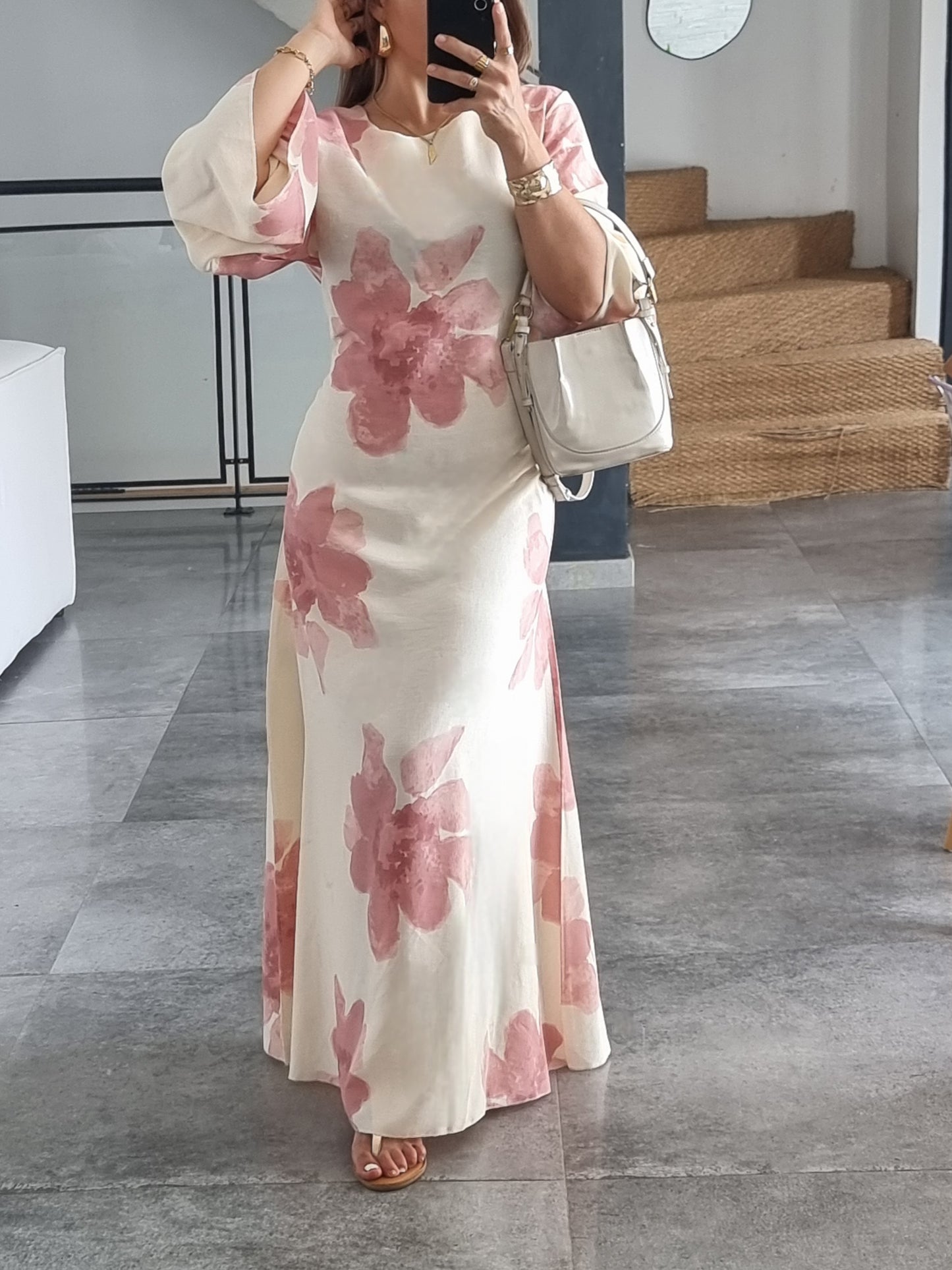 ROBE FLEURIE ROSE EFFET LIN