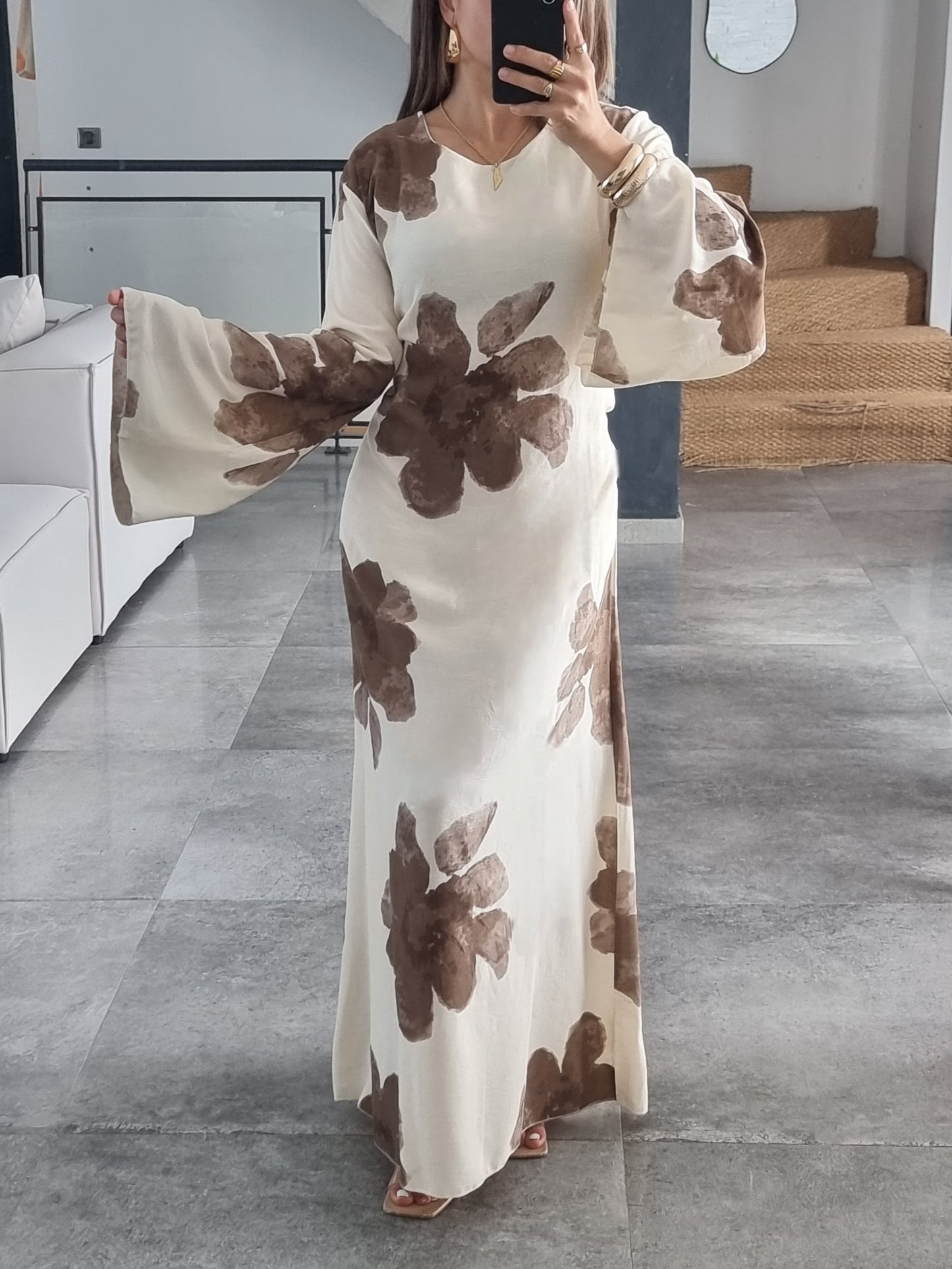 ROBE FLEURIE MARRON EFFET LIN