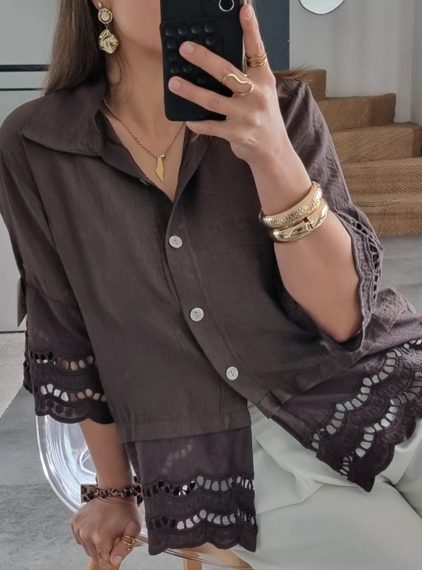 CHEMISE BRODÉE MANCHES 3/4 BEIGE