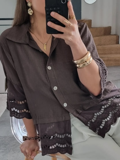 CHEMISE BRODÉE MANCHES 3/4 VERT OLIVE