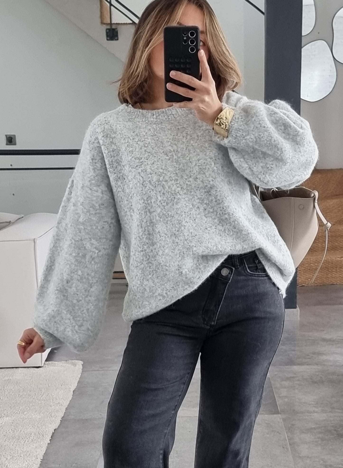 PULL LAINE COL ROND GRIS