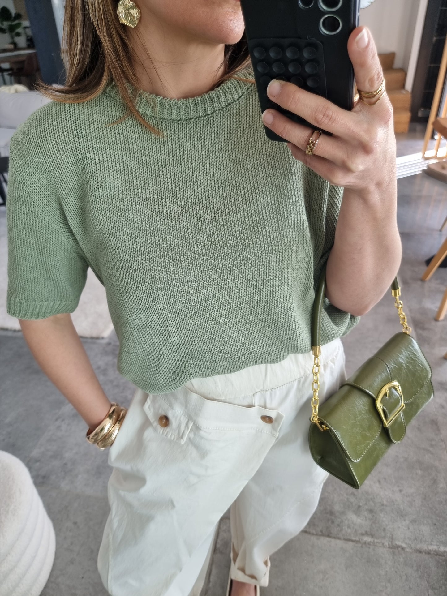 PULL MAILLE MANCHES COURTES VERT OLIVE