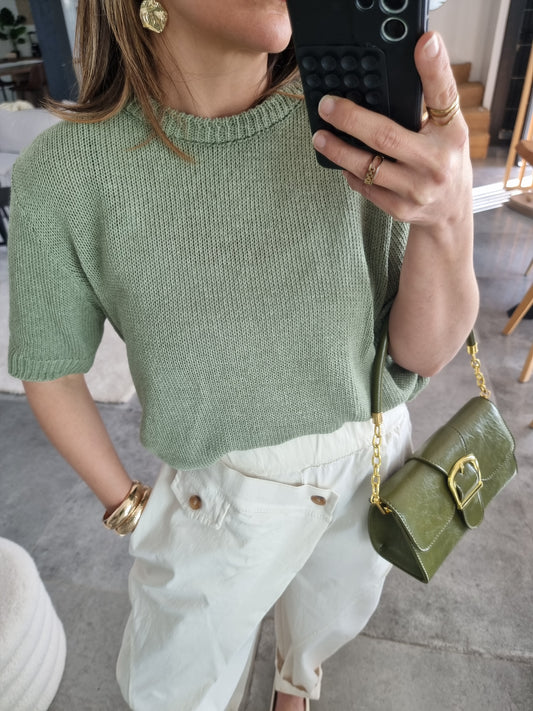PULL MAILLE MANCHES COURTES VERT OLIVE