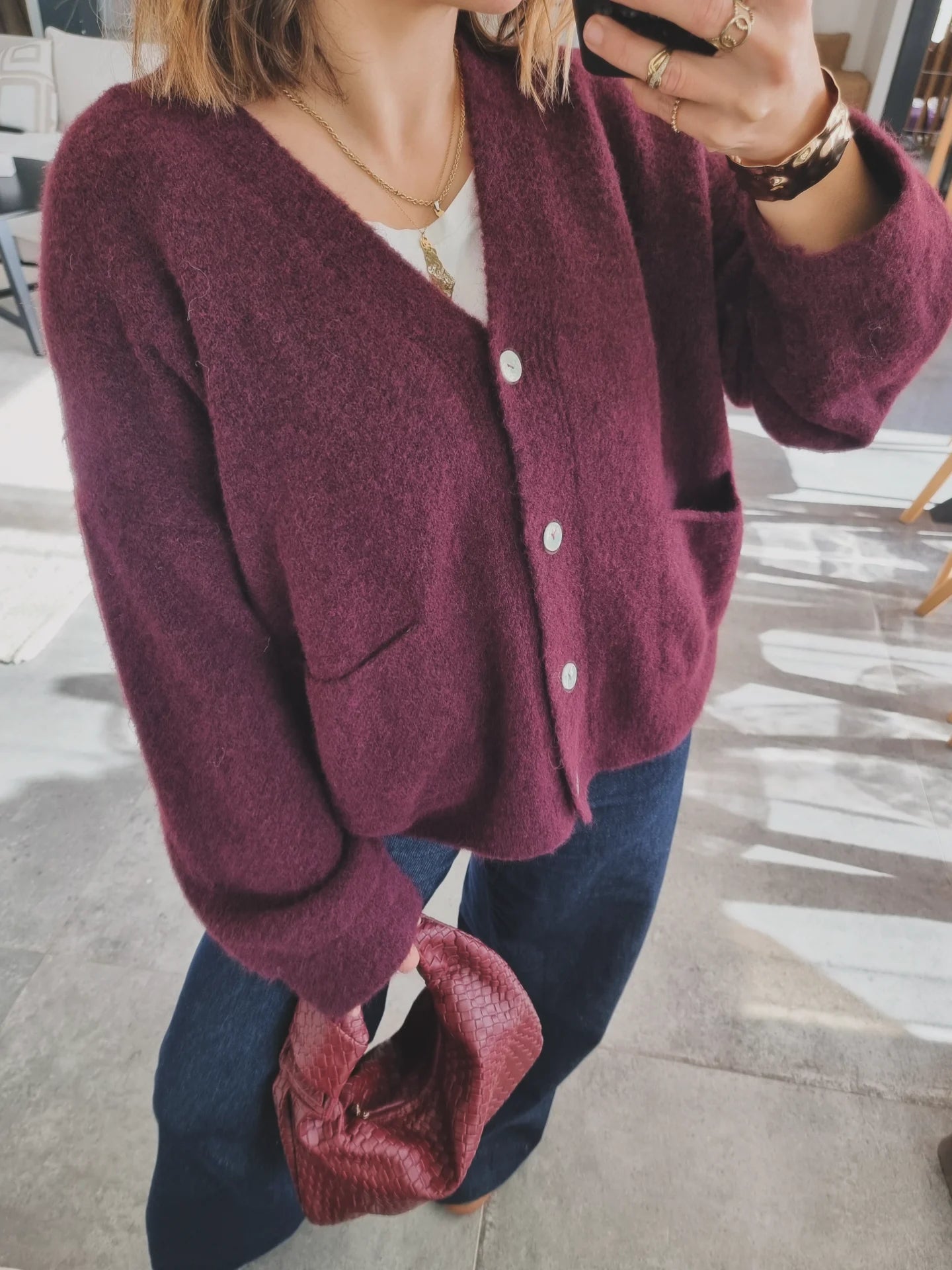 GILET COL V BURGUNDY