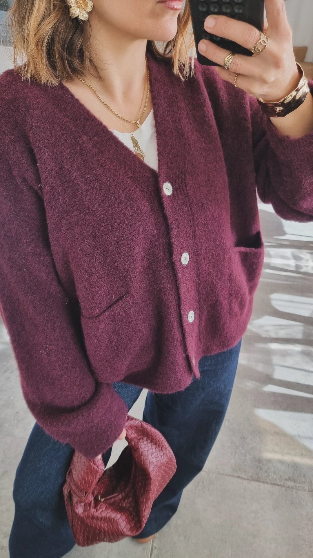 GILET COL V BURGUNDY