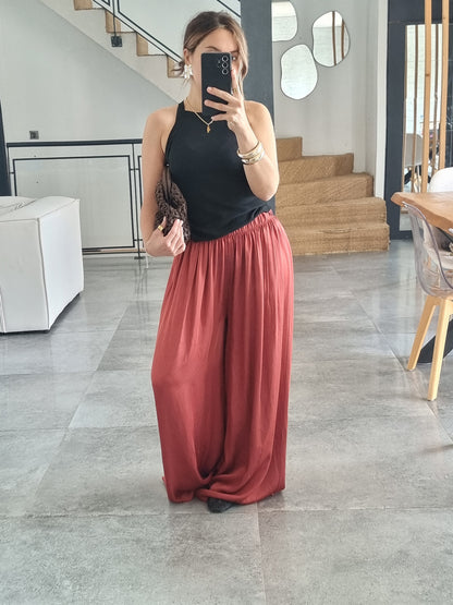 PANTALON PALAZZO SATIN DE SOIE TERRACOTA