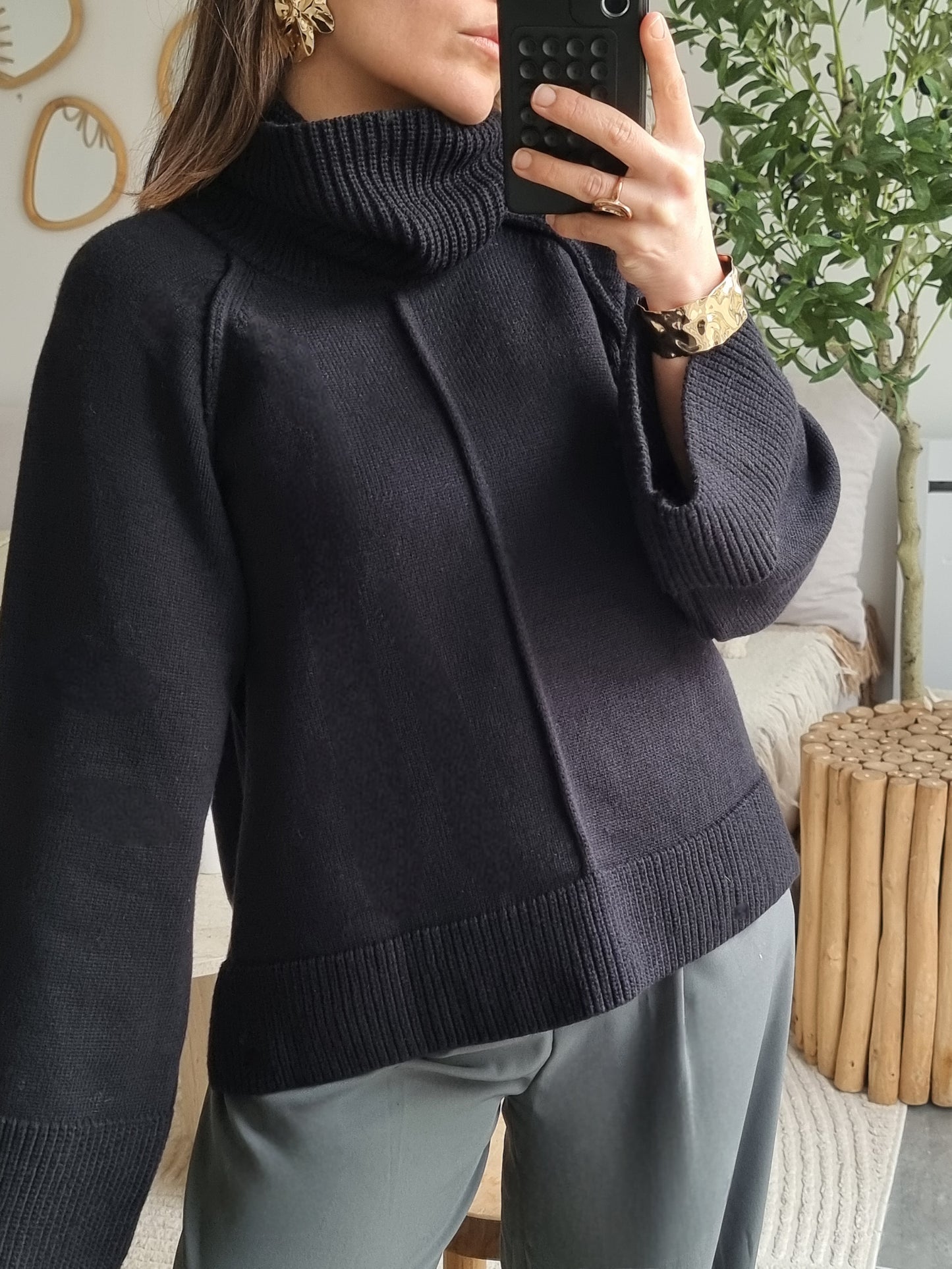 PULL OVERSIZE MAILLE COL MONTANT NOIR