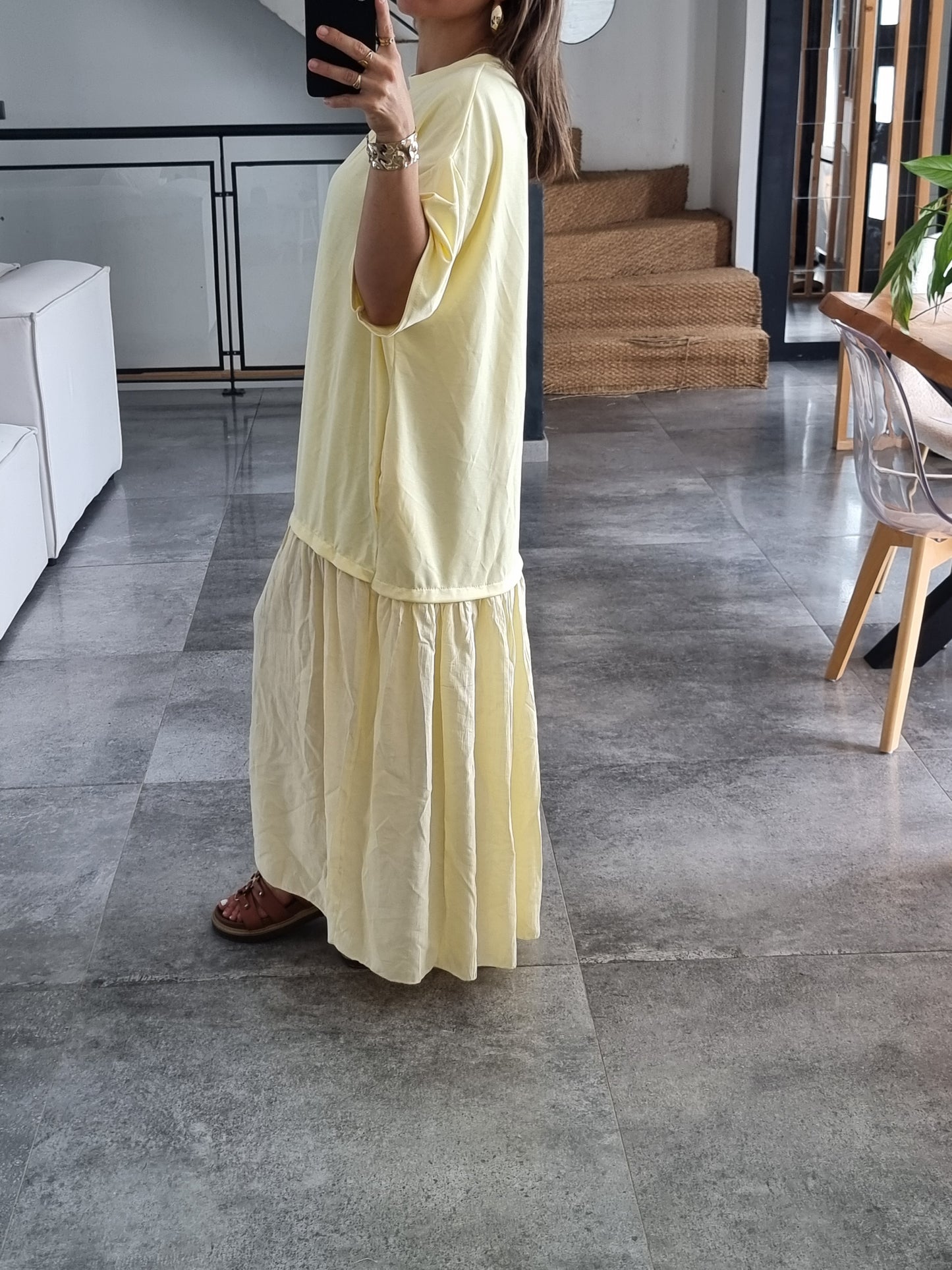 ROBE BI-MATIERE OVERSIZE MANCHES 3/4 JAUNE