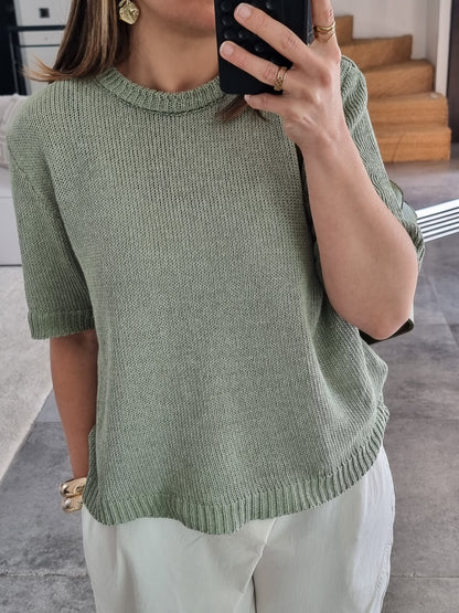 PULL MAILLE MANCHES COURTES VERT OLIVE