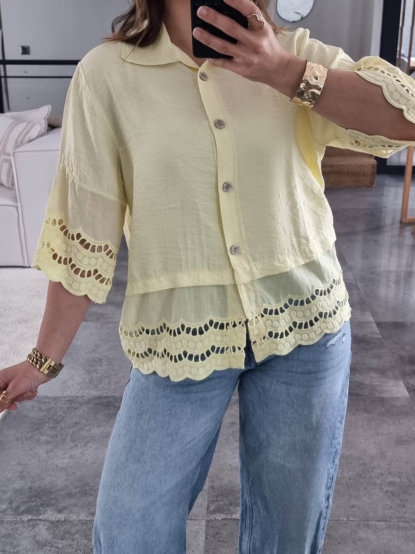 CHEMISE BRODEE MANCHES 3/4 JAUNE