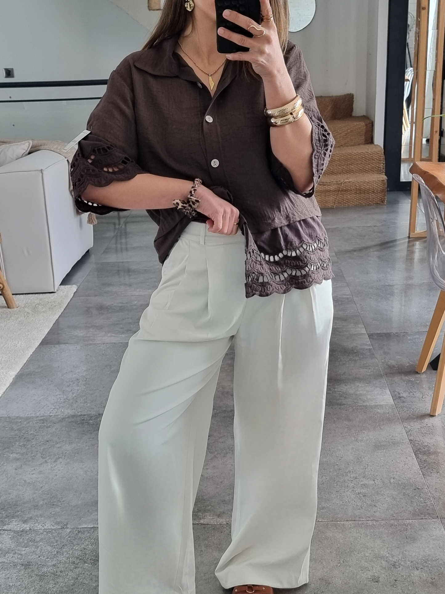 CHEMISE BRODÉE MANCHES 3/4 CHOCO