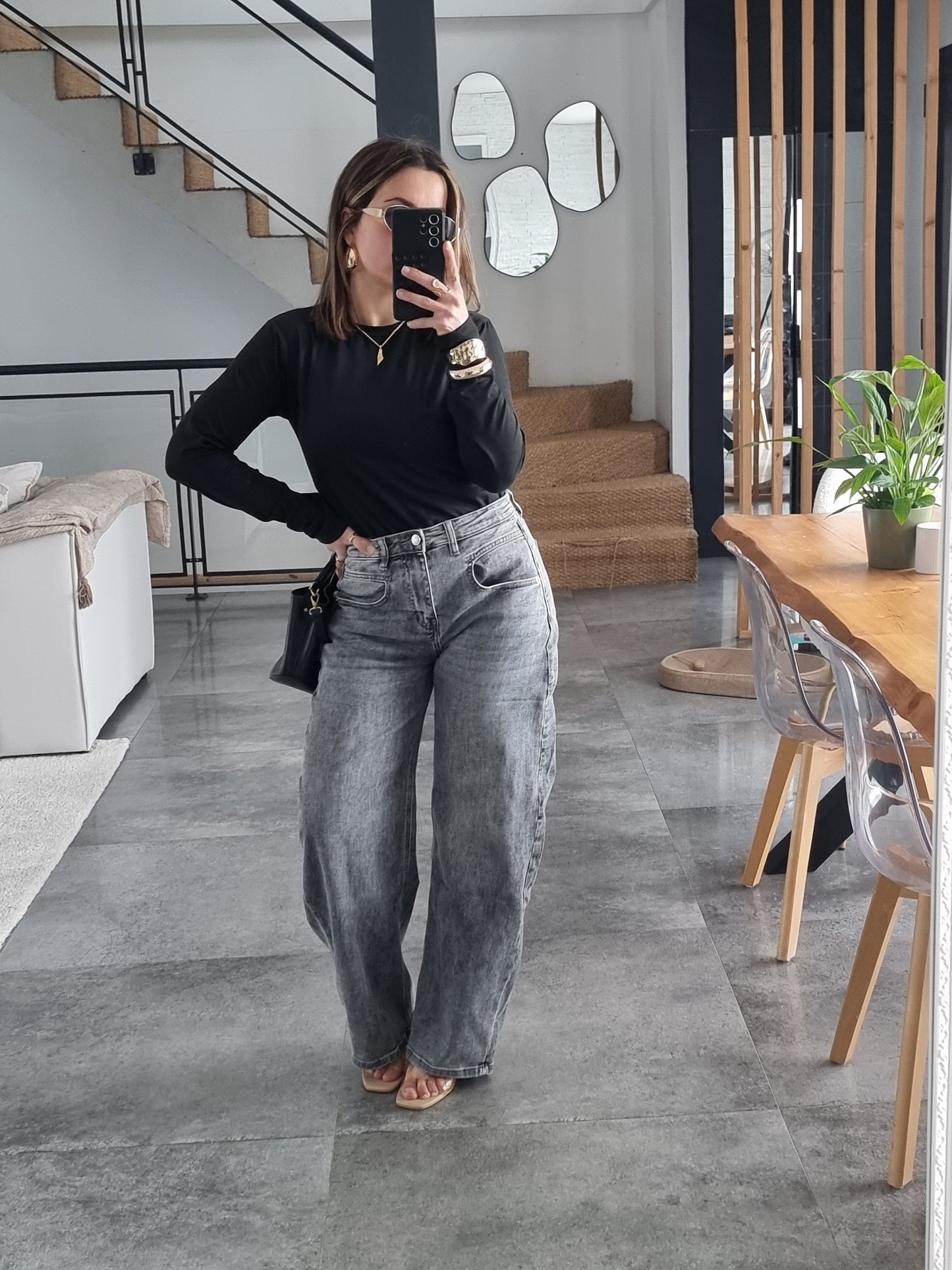 JEAN BARREL TAILLE HAUTE GRIS