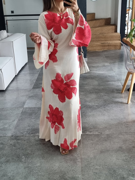 ROBE FLEURIE ROUGE EFFET LIN