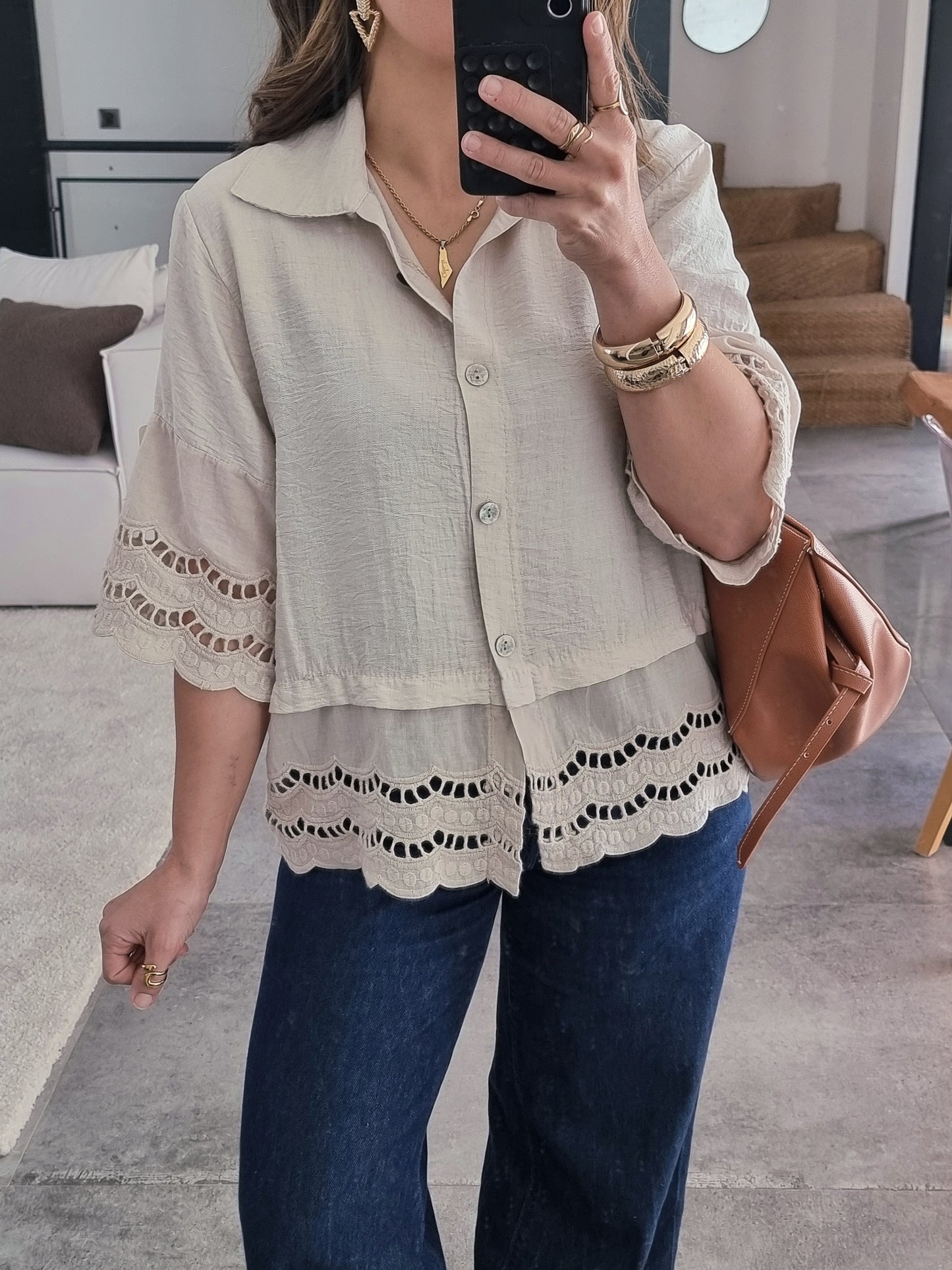 CHEMISE BRODÉE MANCHES 3/4 BEIGE