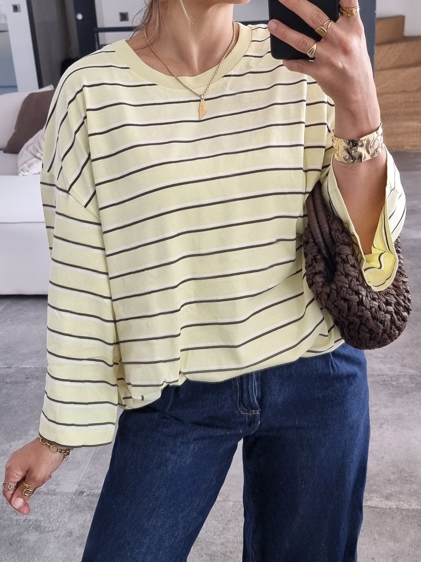 T-SHIRT OVERSIZE MANCHES LONGUES RAYÉ JAUNE