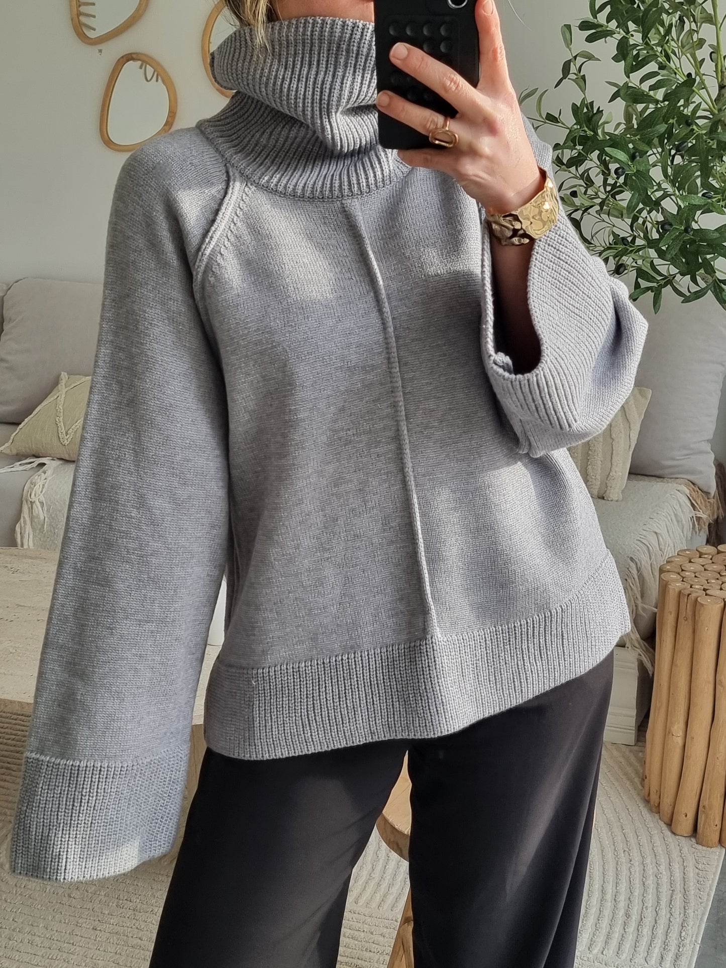 PULL OVERSIZE MAILLE COL MONTANT GRIS
