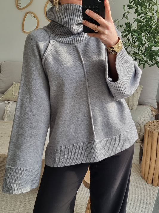 PULL OVERSIZE MAILLE COL MONTANT GRIS