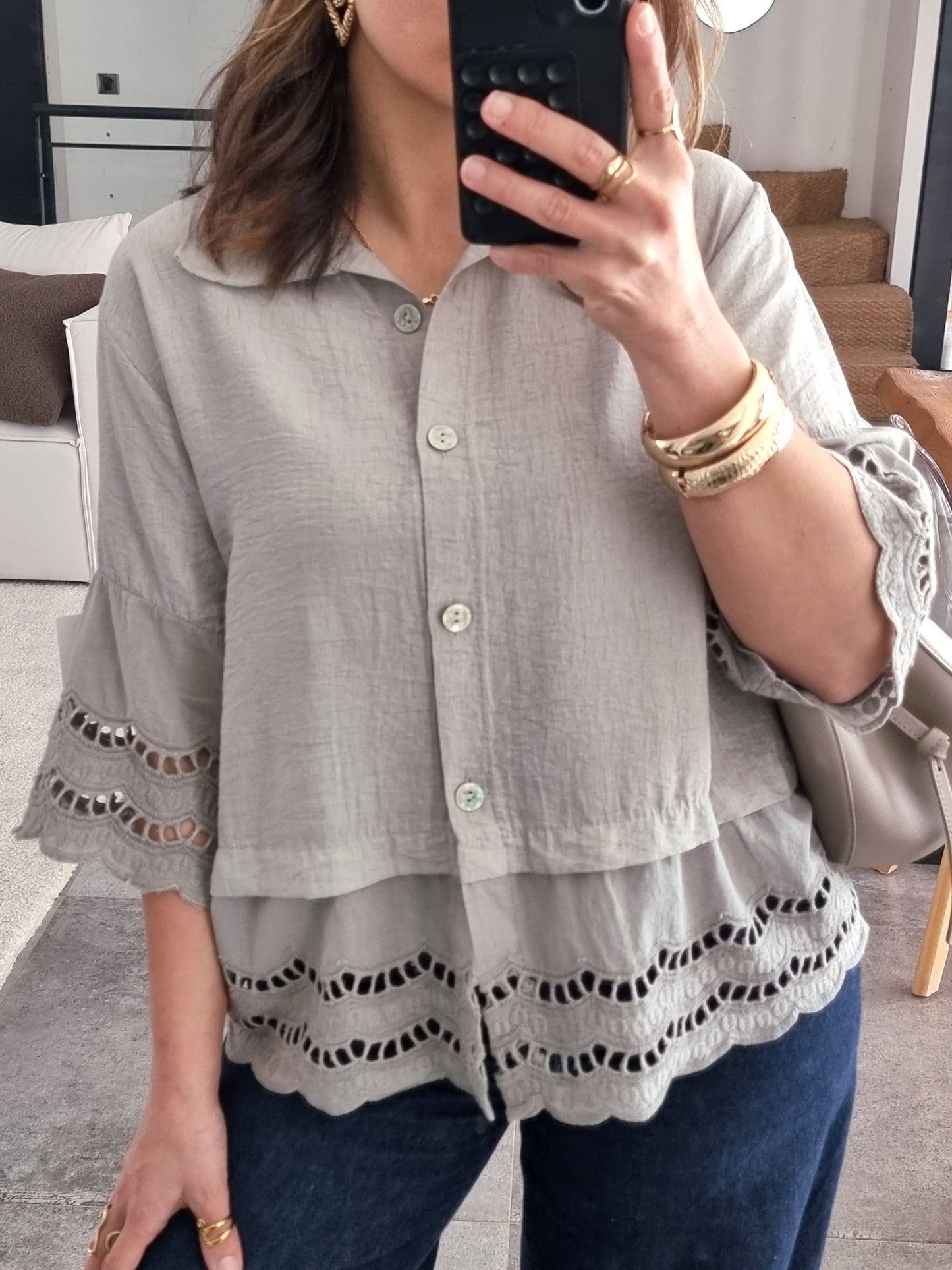 CHEMISE BRODEE MANCHES 3/4 NOIRE
