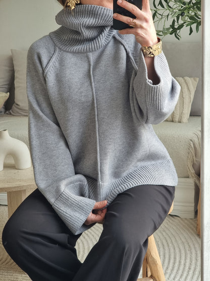 PULL OVERSIZE MAILLE COL MONTANT GRIS