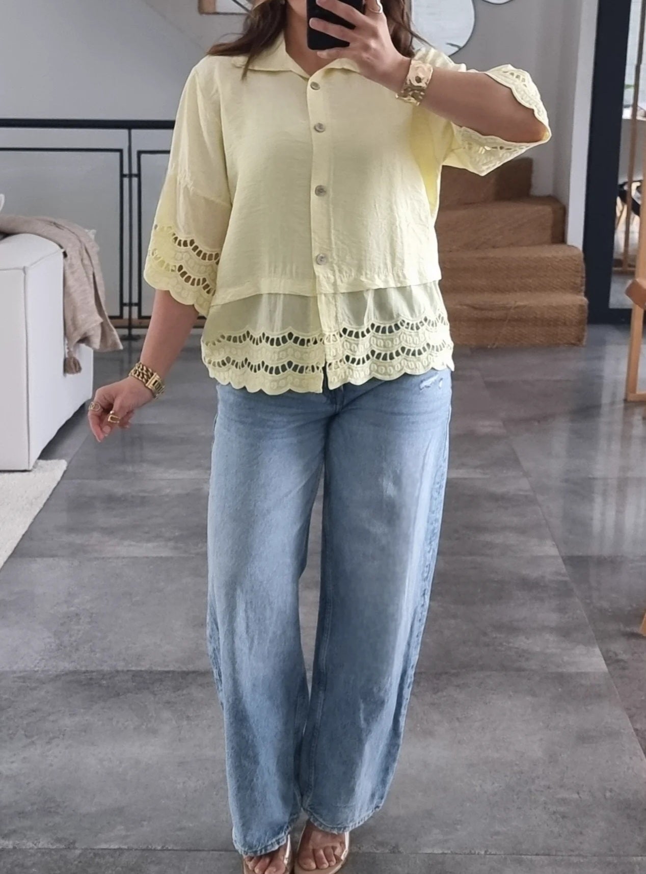 CHEMISE BRODÉE MANCHES 3/4 VERT OLIVE