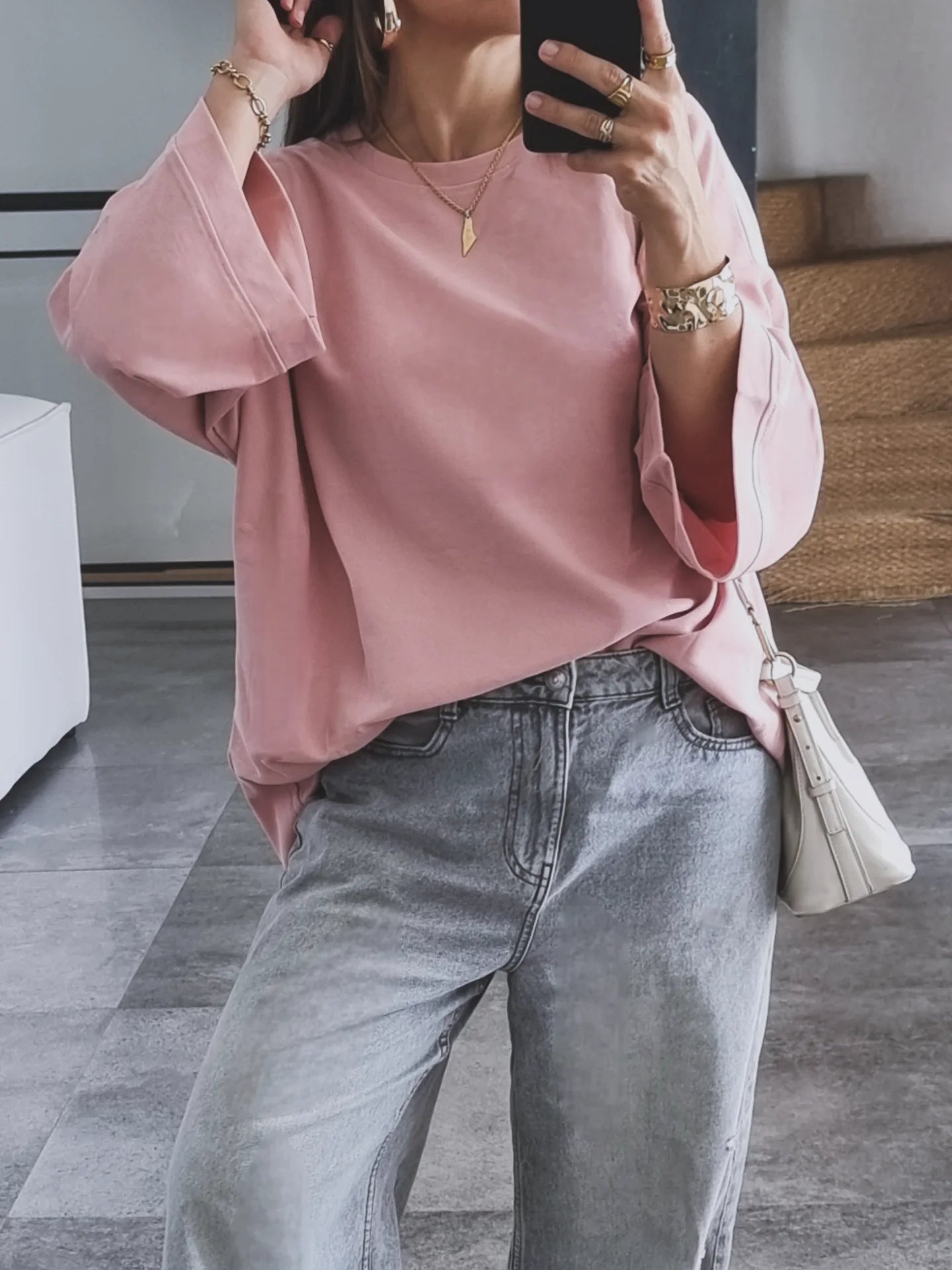 T-SHIRT OVERSIZE MANCHES LONGUES ROSE
