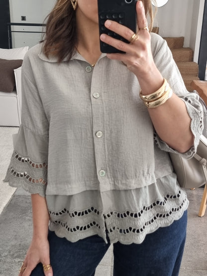 CHEMISE BRODÉE MANCHES 3/4 VERT OLIVE