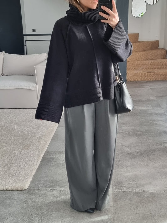 PULL OVERSIZE MAILLE COL MONTANT NOIR