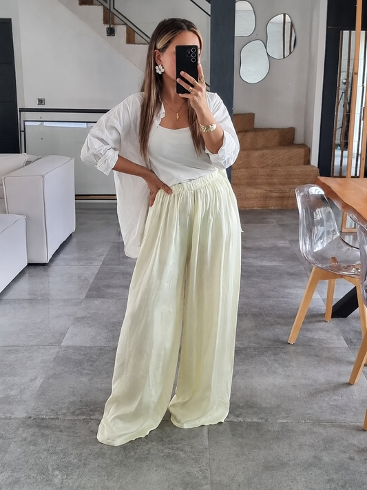 PANTALON PALAZZO SATIN DE SOIE JAUNE PALE