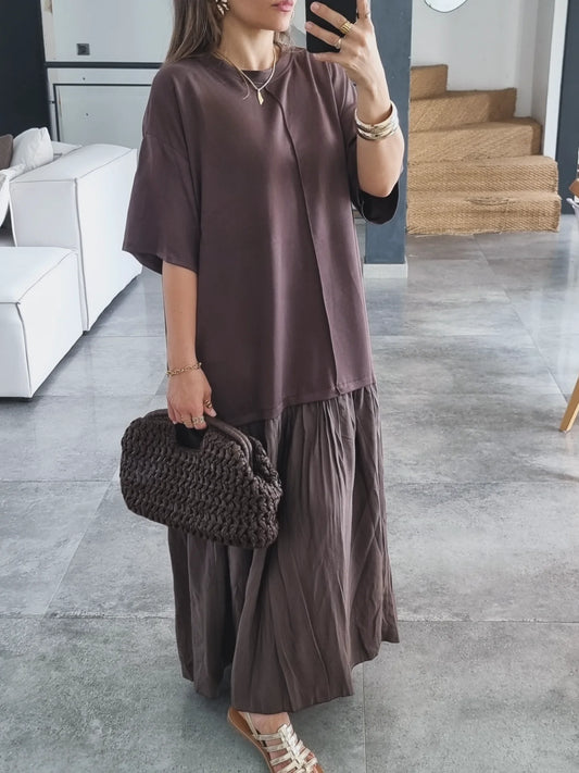 ROBE BI-MATIERE OVERSIZE MANCHES 3/4 CHOCO