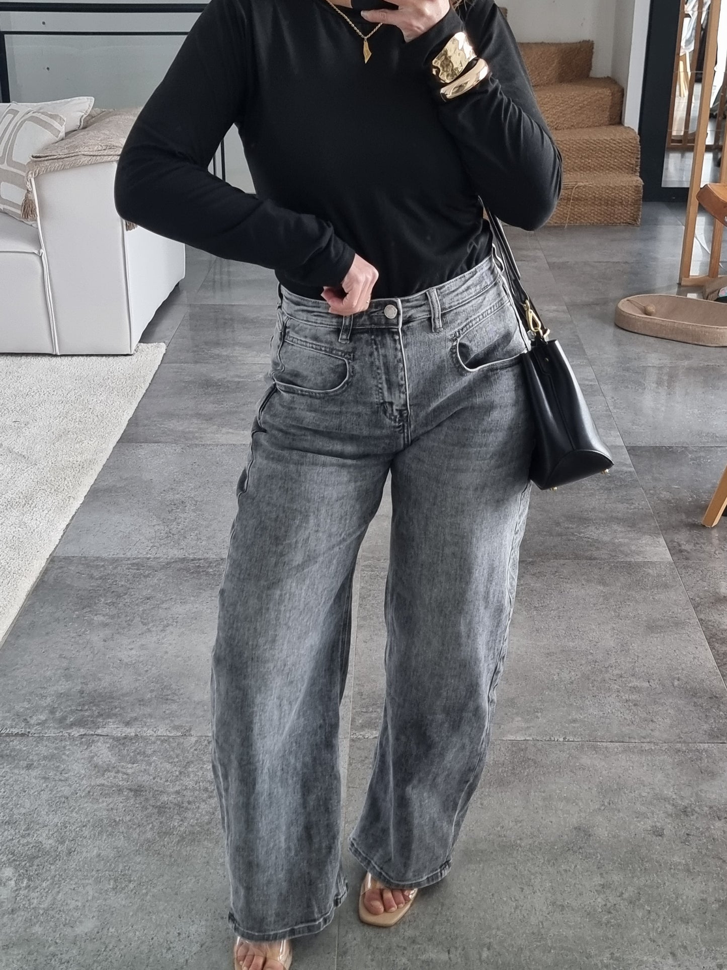 JEAN BARREL TAILLE HAUTE GRIS