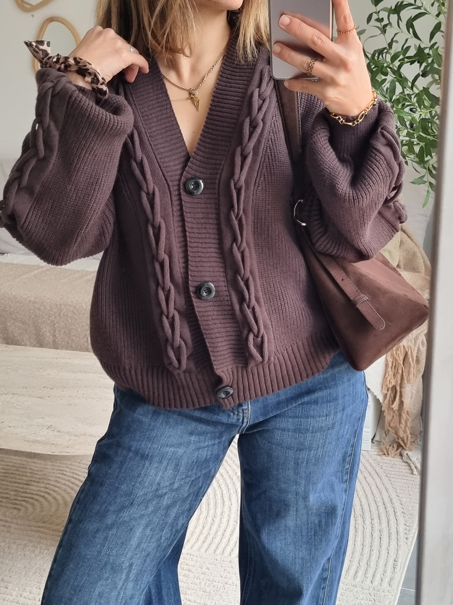 CARDIGAN MAILLE COL V MARRON