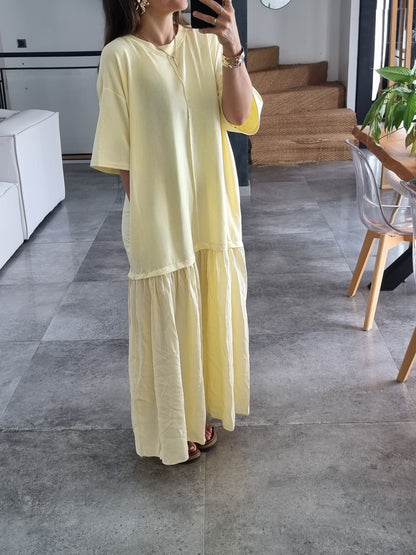 ROBE BI-MATIERE OVERSIZE MANCHES 3/4 JAUNE