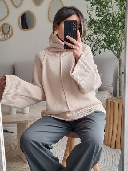 PULL OVERSIZE MAILLE COL MONTANT BEIGE