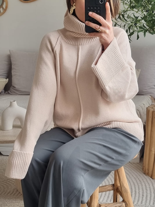 PULL OVERSIZE MAILLE COL MONTANT BEIGE