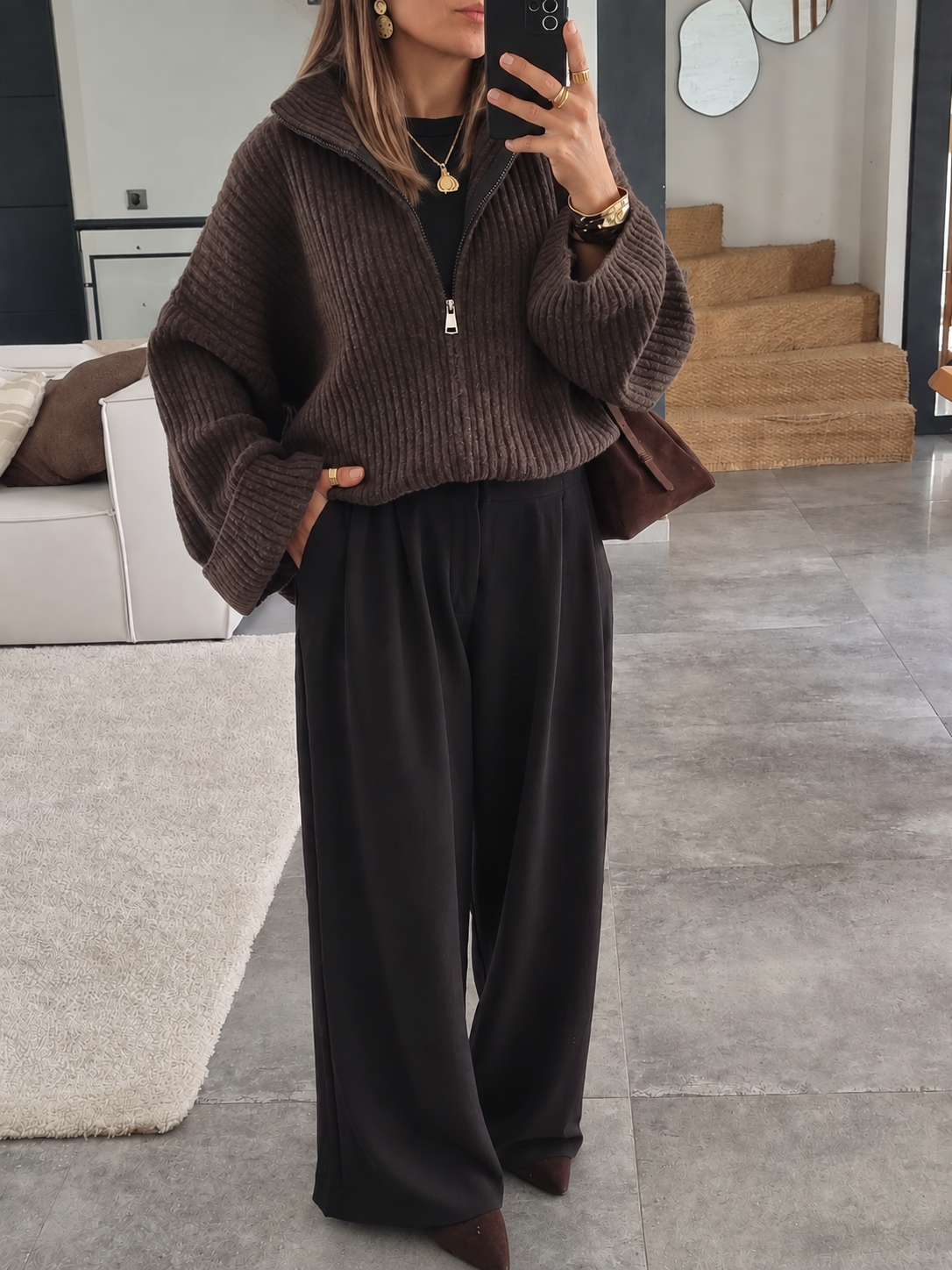 PULL CARDIGAN ZIPPÉ MARRON
